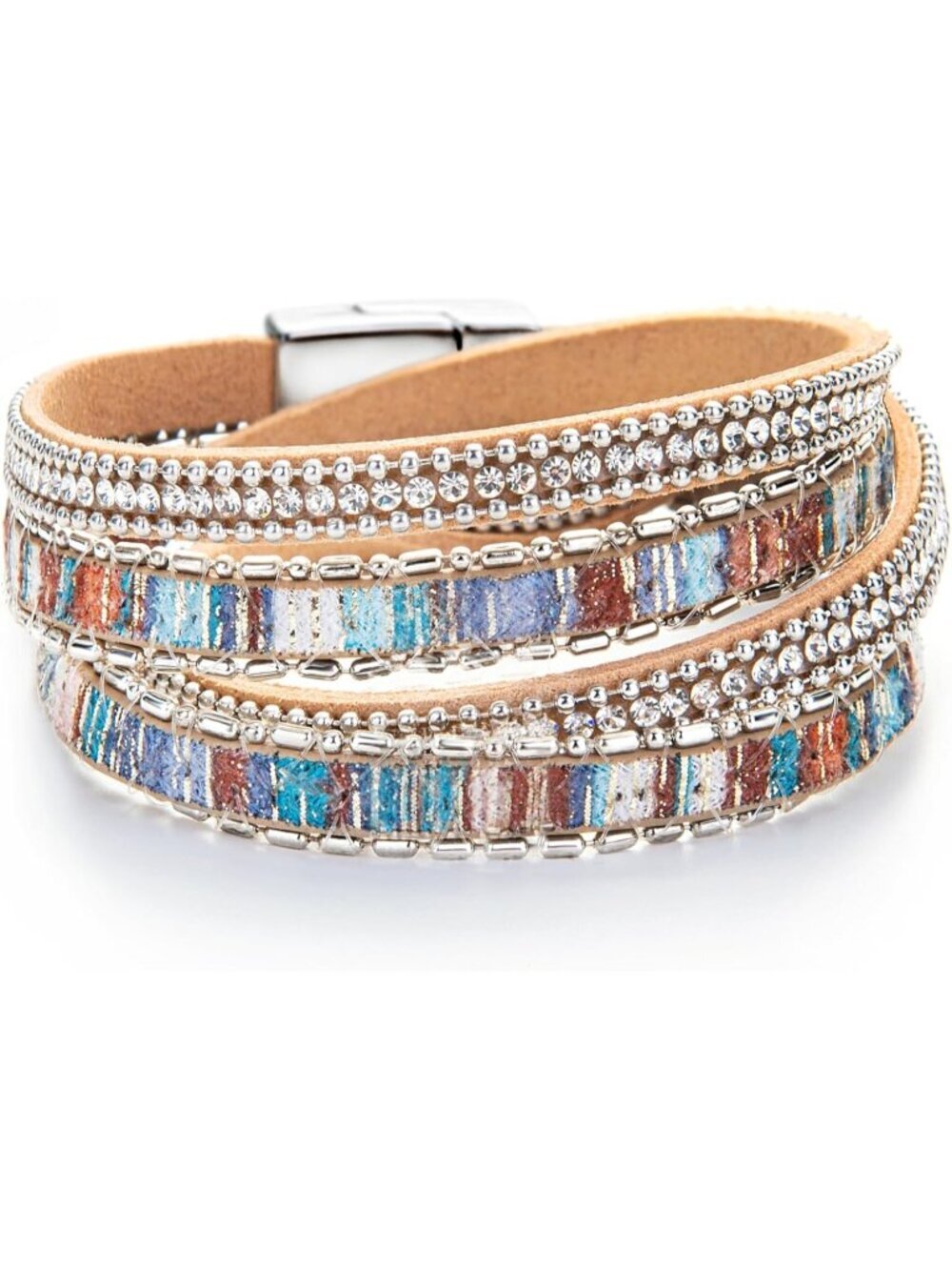 Women Multi Boho Leopard Multi Layer Crystal Beads Cuff Leather Wrap Bracelets